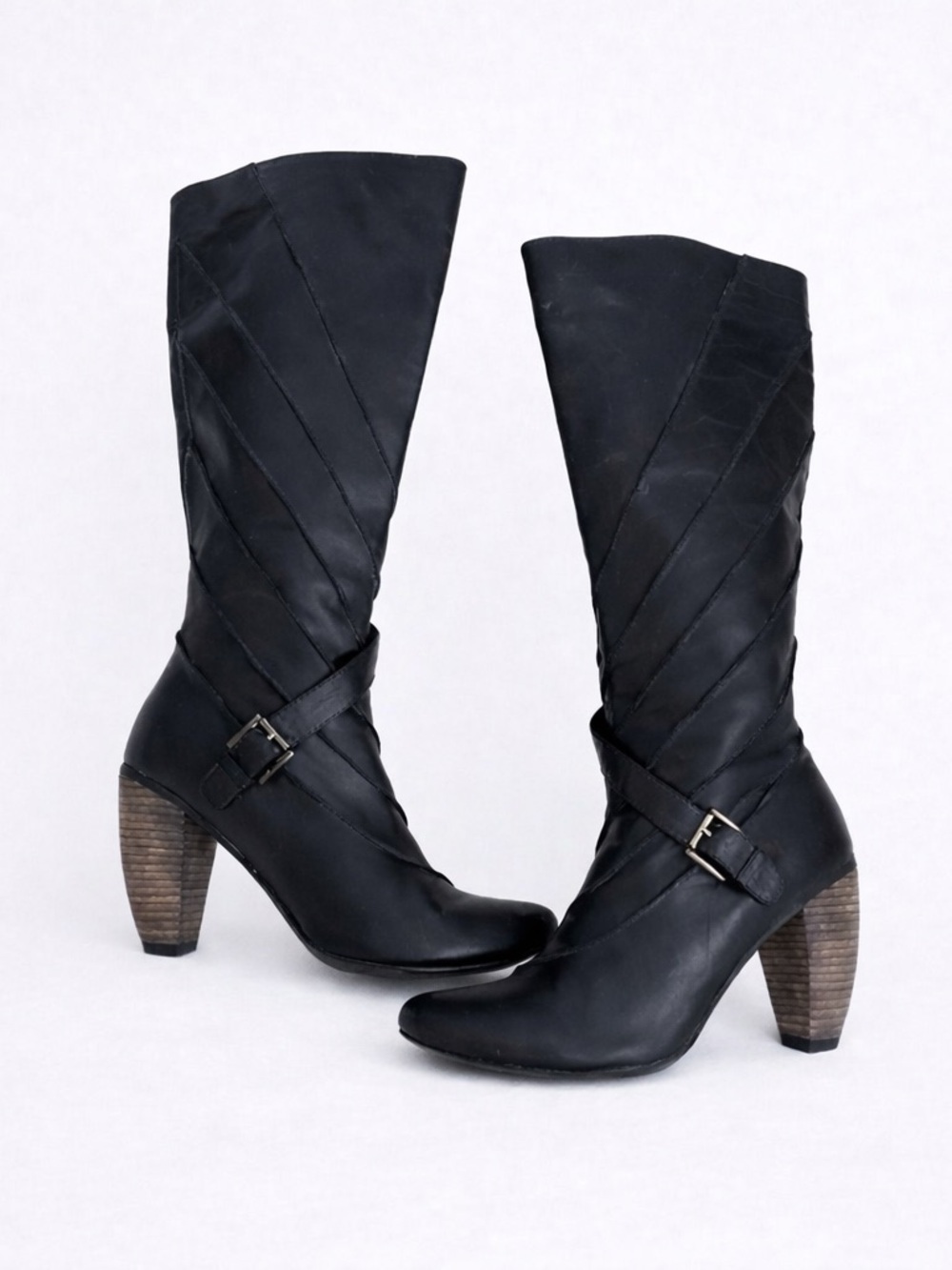 Jump Turbo Black Leather Boots with Buckle Strap & Stacked Heel